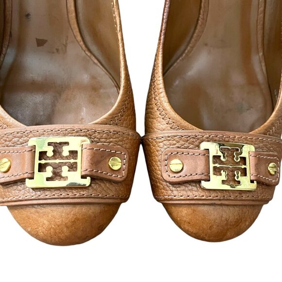 Tory Burch Natalya Pebbled Leather Saddle Brown Pumps Wedges - Picture 8 of 10
